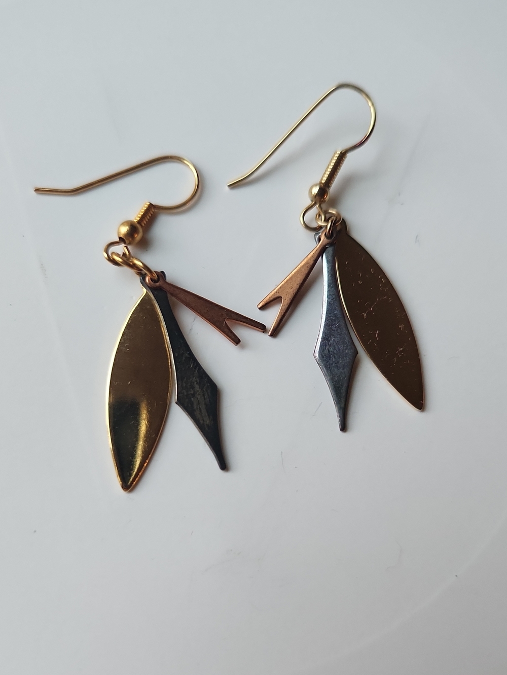 Mixed Metal Leaf Drop Earrings - Gold, Silver, Copper